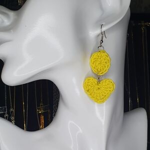 Yellow crochet heart earrings with stainless steel hook and jump rings